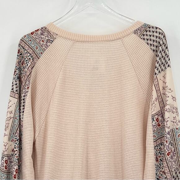 Faux wrap blouse M waffle knit patchwork side tie boho long sleeve cottage NEW - Picture 5 of 9